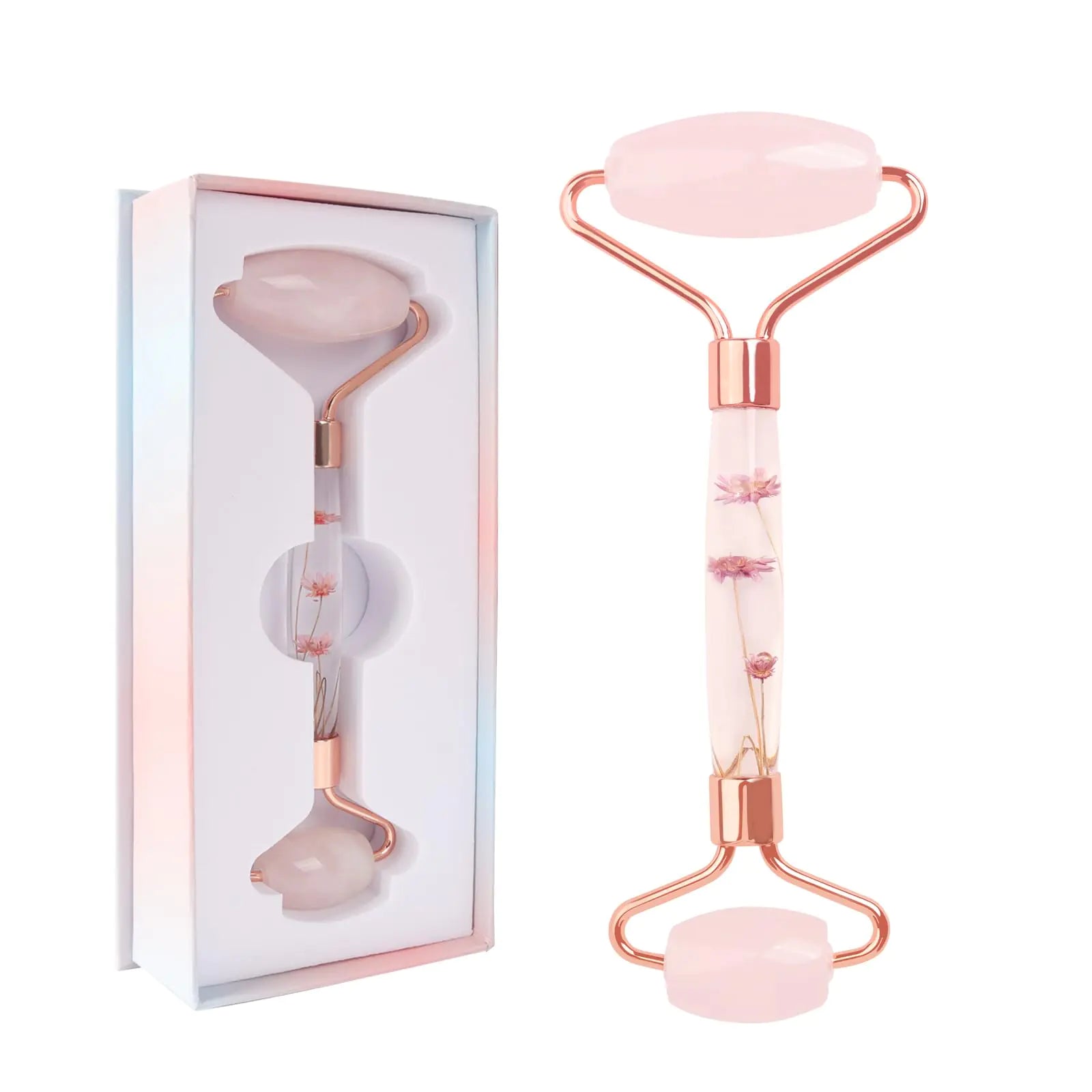 Dual-Ended Rose Quartz &amp; Jade Facial Roller – Anti-Aging Eye &amp; Face Massager