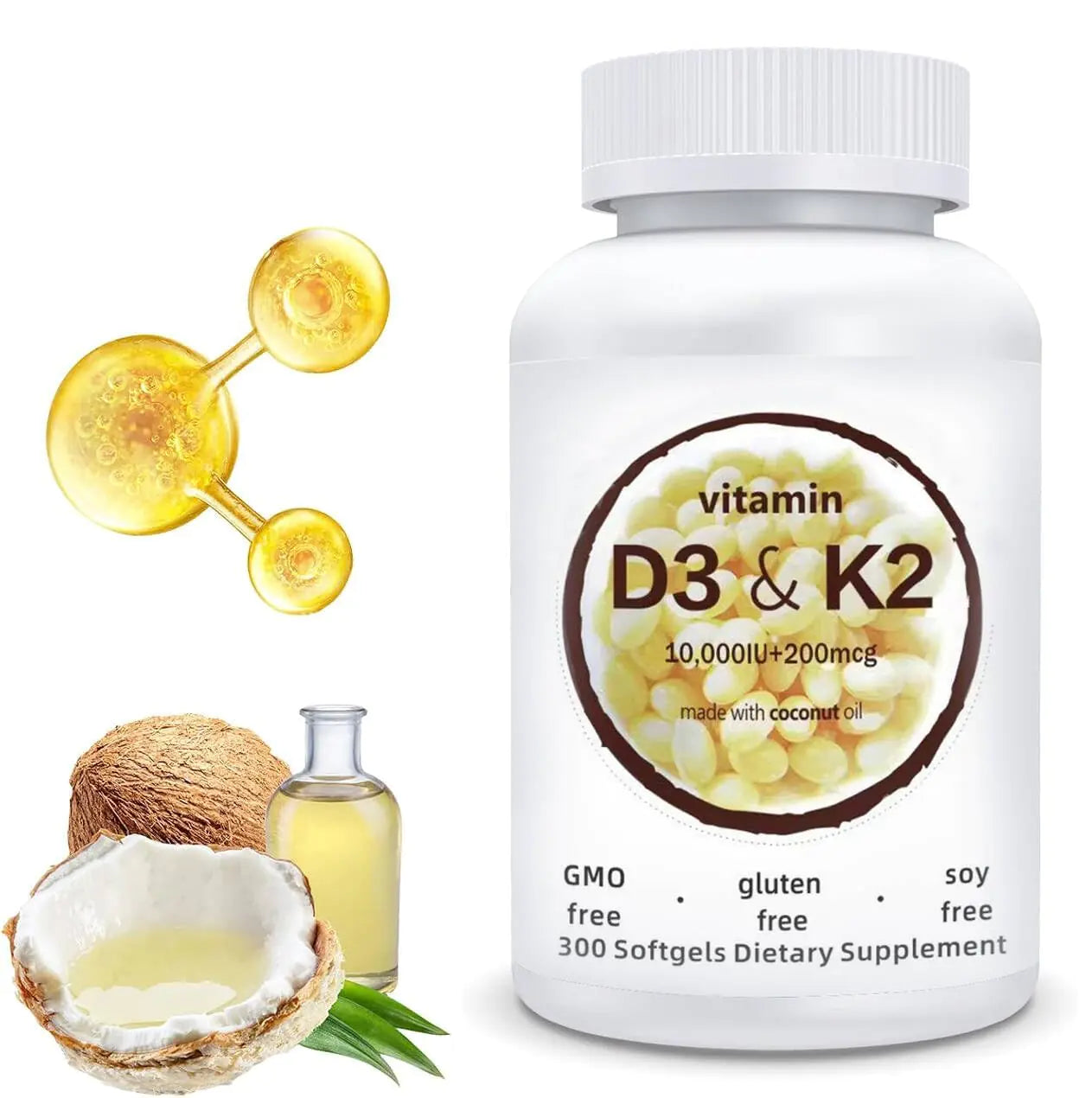 2-in-1 Vitamin D3 10,000 IU + K2 200 mcg – 300 Softgels, Holistic Health Support