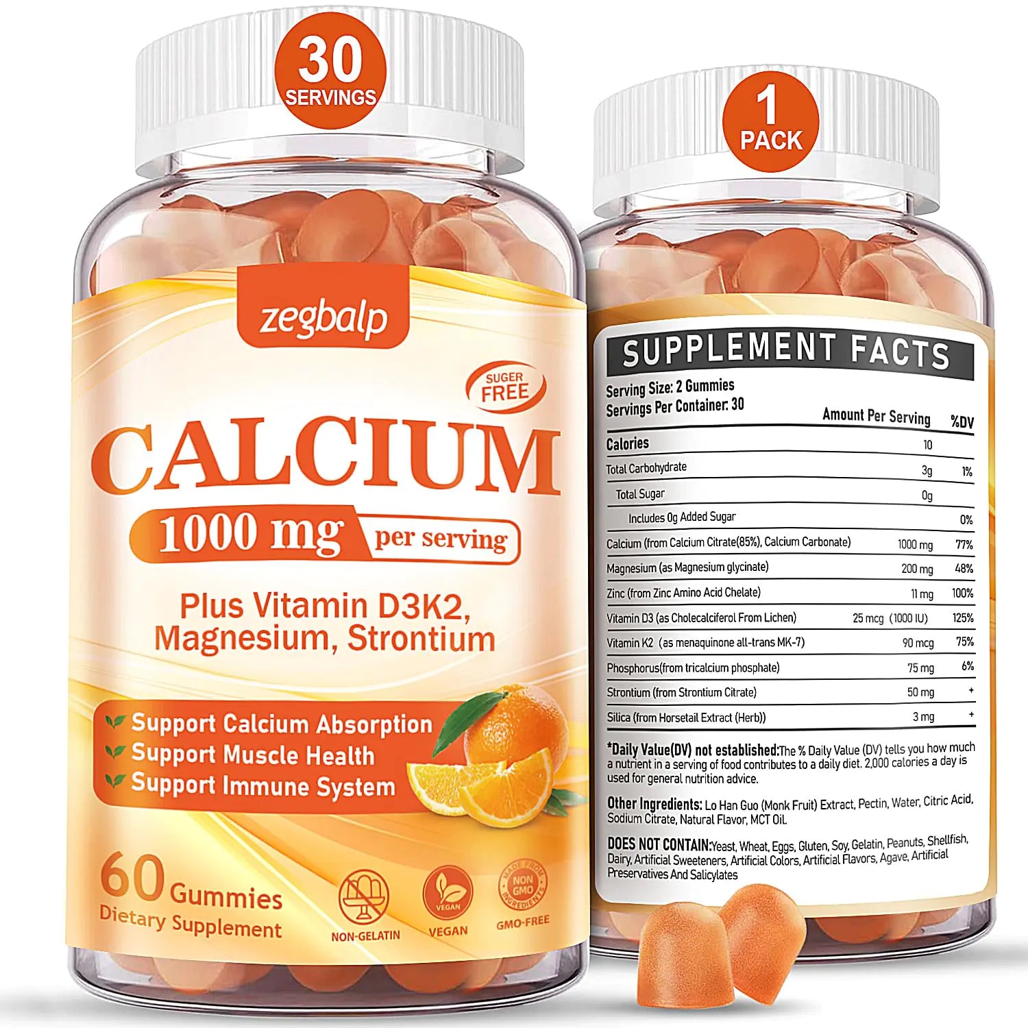 Calcium Gummies 1000 mg – Bone &amp; Muscle Support with D3 &amp; K2, Sugar-Free