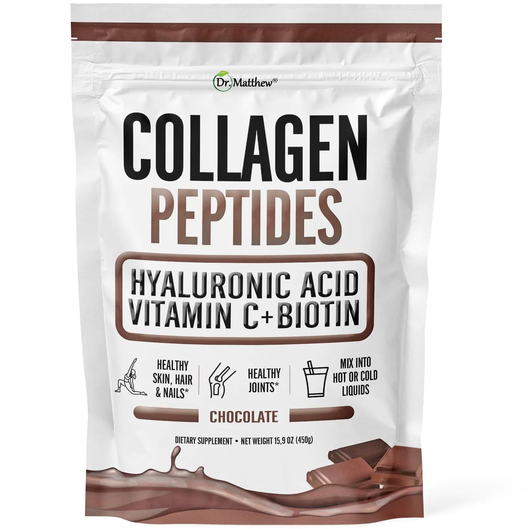 Dr. Matthew’s Chocolate Collagen Protein Powder, Type I &amp; III Collagen with Hyaluronic Acid, Vitamin C &amp; Biotin